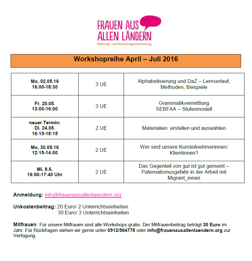 Workshops April-Juni 2016